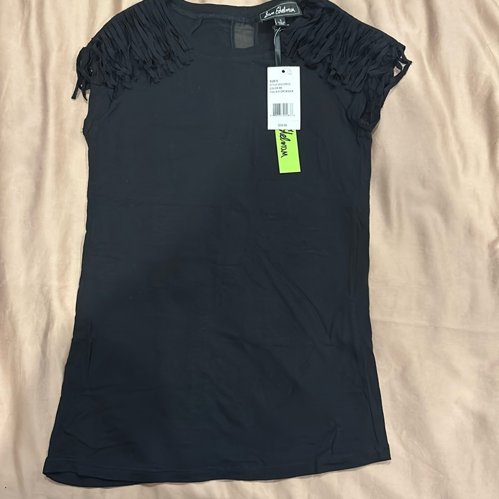 Women’s Black Top with Fringe Shoulders Sheer Back Sam Edelman Size S Small